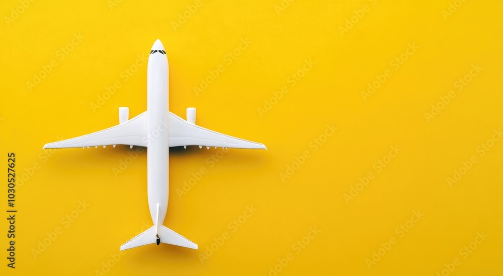 Minimalistic white airplane model on a yellow background, top view. Minimalistic white airplane model on a yellow background, top view.