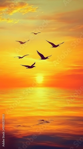 Serene Sunset with Birds Flying Across the Sky