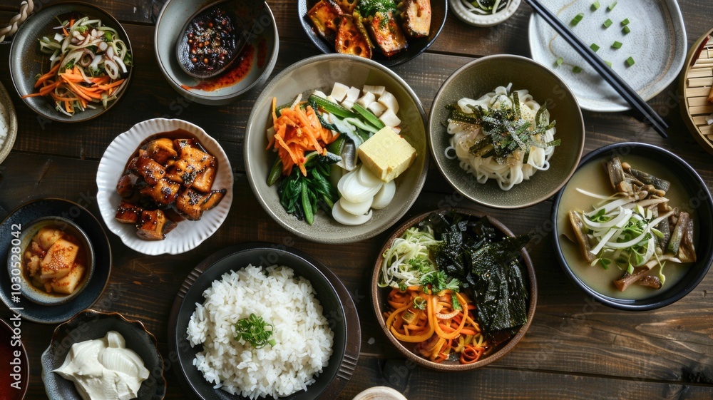 Korean cuisine feast with traditional dishes and vibrant ingredients Korean cuisine feast with traditional dishes and vibrant ingredients