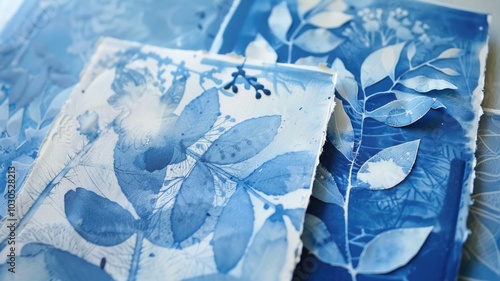 Botanical cyanotype artworks featuring floral and leaf designs for creative inspiration photo