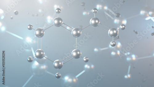 styrene molecular structure, 3d model molecule, precursor polystyrene, structural chemical formula view from a microscope photo