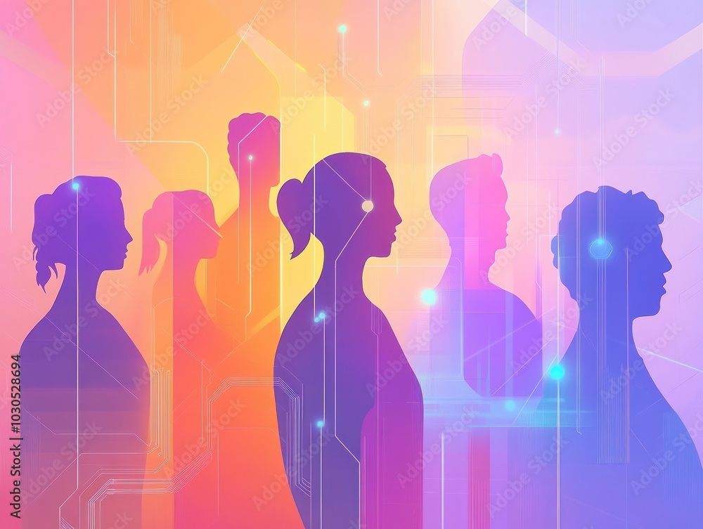 Abstract illustration of human silhouettes in a digital communication network, AI generated Abstract illustration of human silhouettes in a digital communication network, AI generated
