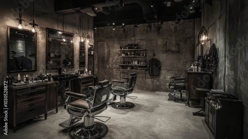 Edgy men's barber shop with concrete walls, metal accents, and dark wood furniture, creating a cool, contemporary atmosphere.
