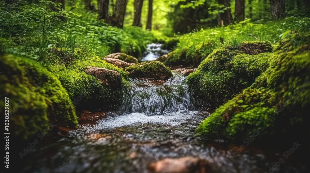 A serene forest stream flows over moss-covered rocks, surrounded by lush greenery. A serene forest stream flows over moss-covered rocks, surrounded by lush greenery.