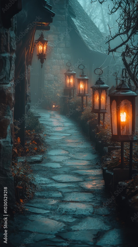Misty Pathway with Lanterns in a Serene Setting Misty Pathway with Lanterns in a Serene Setting