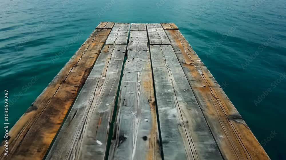 A wooden dock extends out over a calm blue lake on a cloudy day A wooden dock extends out over a calm blue lake on a cloudy day