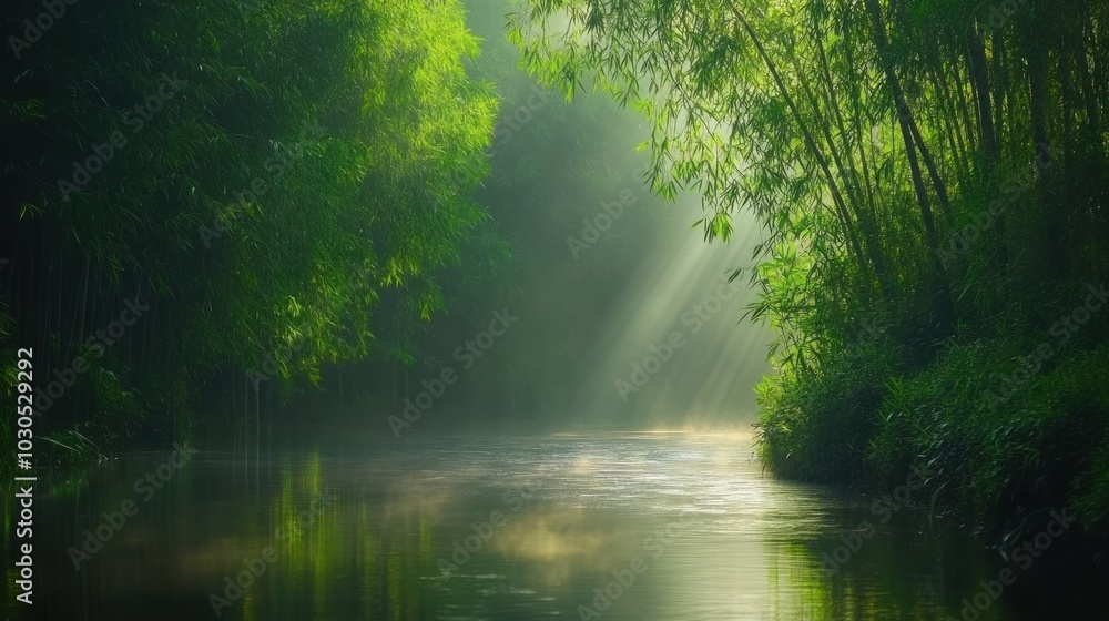 Fototapeta premium Serene river scene surrounded by lush greenery and soft rays of sunlight.