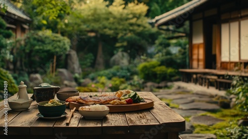 Wallpaper Mural A serene outdoor dining scene with traditional Japanese cuisine in a lush garden setting. Torontodigital.ca