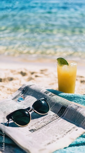 Serene Beach View with Newspaper and Refreshing Drink