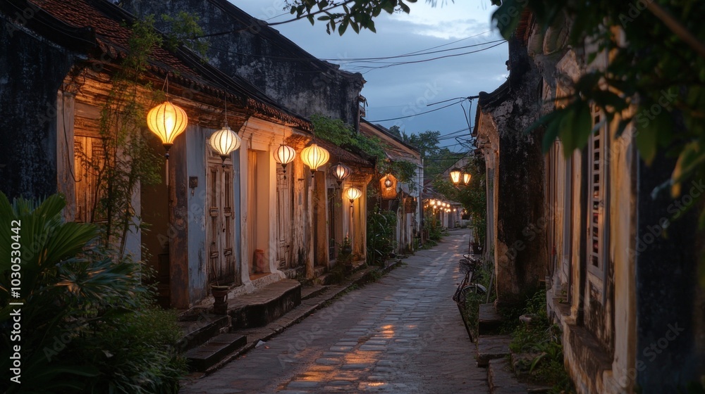 Obraz premium A serene street scene at dusk, illuminated by lanterns in a historic setting.