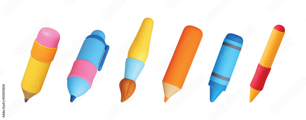 3d Stationery 3d icons. Yellow pencil pen blue crayon paintbrush stylus. Tools for drawing writing working with digital screen. Office school accessories realistic vector set 3d Stationery 3d icons. Yellow pencil pen blue crayon paintbrush stylus. Tools for drawing writing working with digital screen. Office school accessories realistic vector set