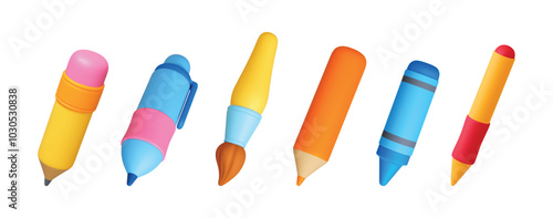 3d Stationery 3d icons. Yellow pencil pen blue crayon paintbrush stylus. Tools for drawing writing working with digital screen. Office school accessories realistic vector set
