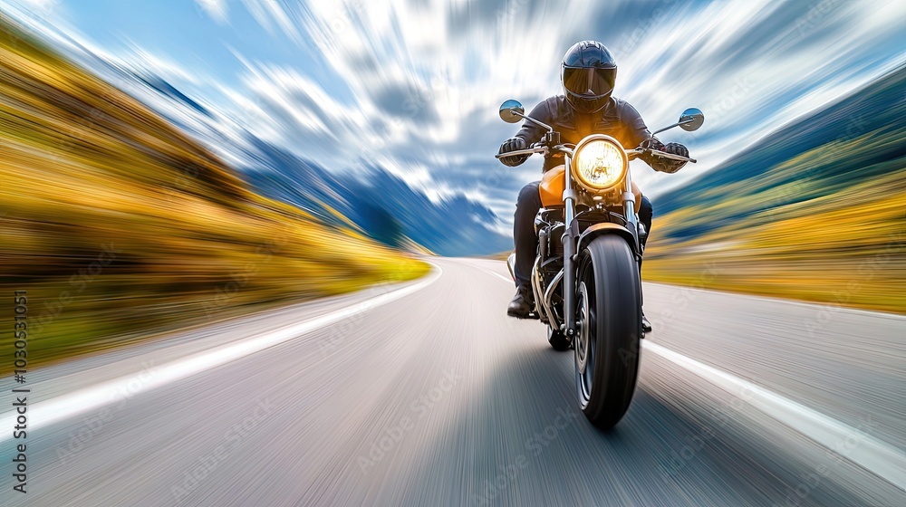 A motorcyclist riding fast on a scenic mountain highway, the bike in motion as the landscape blurs behind. A motorcyclist riding fast on a scenic mountain highway, the bike in motion as the landscape blurs behind.