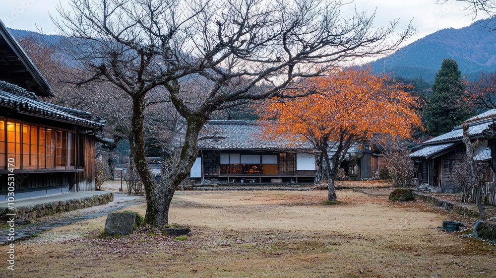 A serene traditional Japanese landscape with autumn foliage and wooden structures. A serene traditional Japanese landscape with autumn foliage and wooden structures.