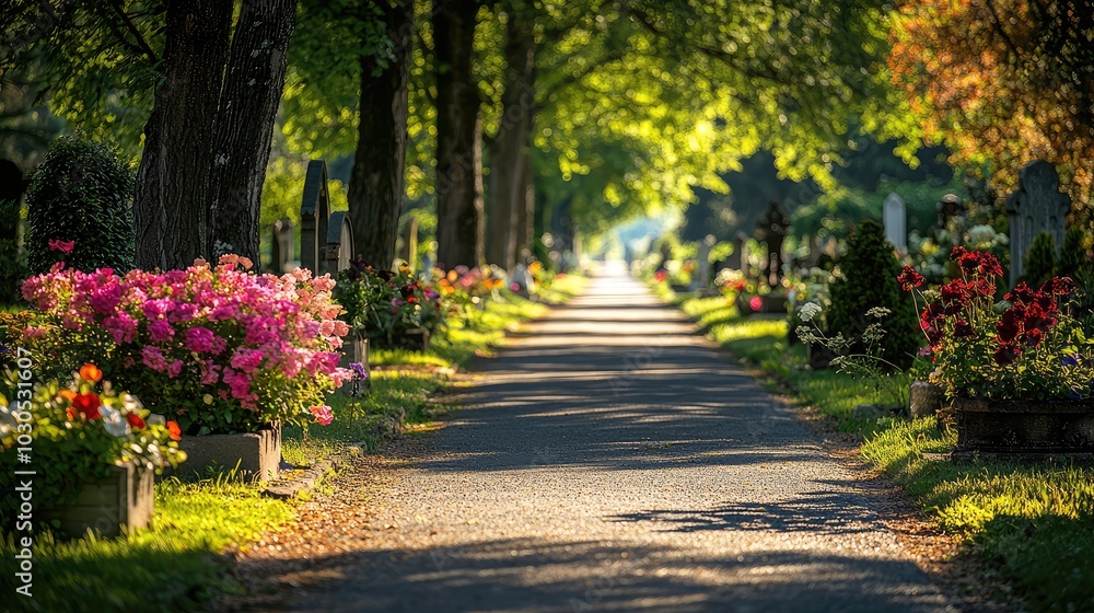 Naklejka premium Serene Path Through a Quiet Cemetery Lined with Trees