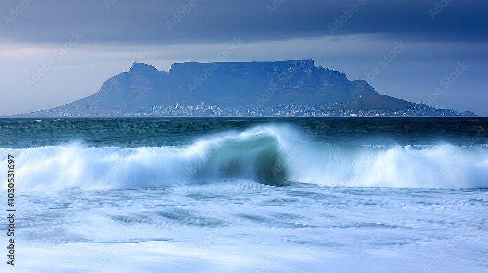 Fototapeta premium Majestic Table Mountain against stormy waves in a dramatic coastal scene.
