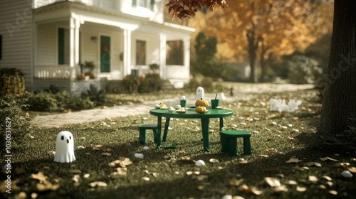 American Halloween park party spooky-themed picnic tables with pumpkin tarts photo