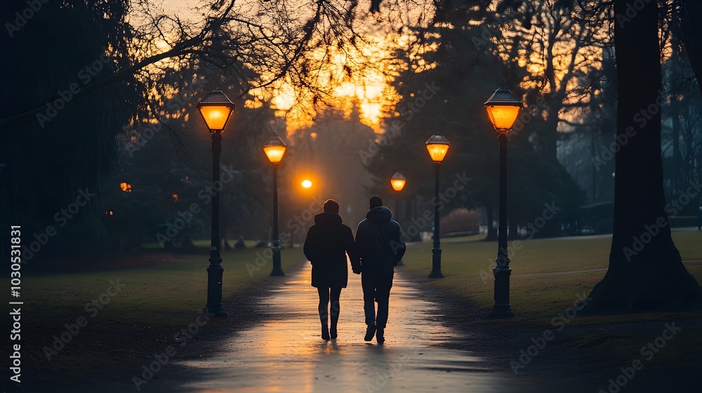 Couple walking hand in hand at sunset in a serene park. Couple walking hand in hand at sunset in a serene park.
