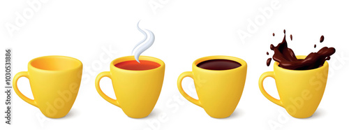 3d Yellow mug 3d icon. Isolated empty cup tea coffee and chocolate splash. Crockery realistic render design. Cups with drinks, hot beverages vector set