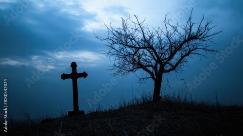 Wallpaper Mural A silhouette of a graveyard cross and bare tree against a dark Halloween night sky, setting a chilling and eerie mood. Torontodigital.ca
