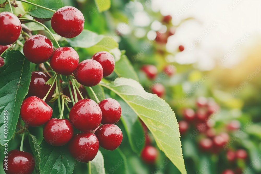 Red cherries hanging on branches in a lush orchard during the warm summer season showcasing nature's bounty Red cherries hanging on branches in a lush orchard during the warm summer season showcasing nature's bounty