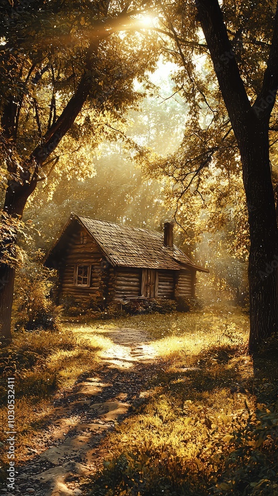 Rustic Cabin in Serene Woods Amidst Golden Light Rustic Cabin in Serene Woods Amidst Golden Light