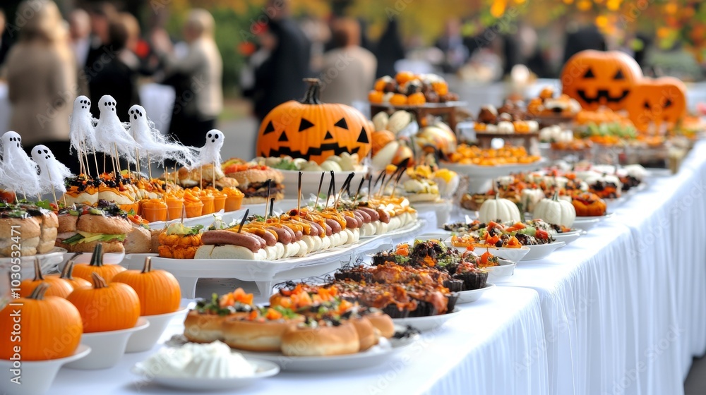 Classic American Halloween barbecue hotdogs and burgers shaped like mummies and ghosts Classic American Halloween barbecue hotdogs and burgers shaped like mummies and ghosts