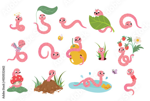 Cute cartoon worms. Cute worm with pear leaf berry, looking from in soil pile, sitting on mushroom. Wild garden insects, nowaday vector creatures set