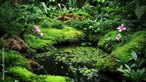 A serene garden scene featuring lush greenery, a small pond, and delicate pink flowers.