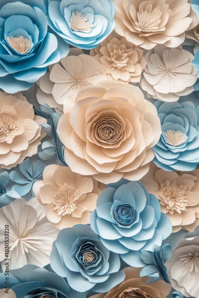 Paper flowers in light blue and beige colors Paper flowers in light blue and beige colors