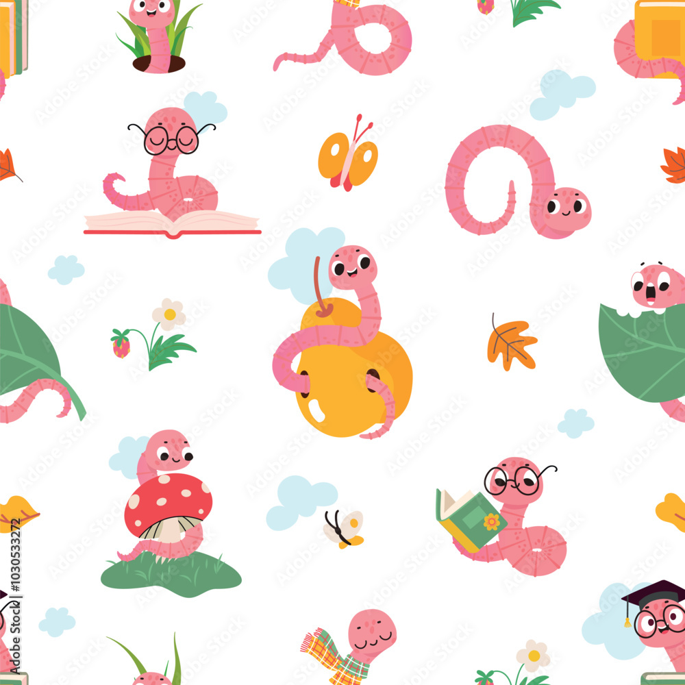 Cartoon worms seamless pattern. Funny earthworms reading sitting on fruit sleeping. Wild characters fabric print design, wrapping, nowaday vector background Cartoon worms seamless pattern. Funny earthworms reading sitting on fruit sleeping. Wild characters fabric print design, wrapping, nowaday vector background