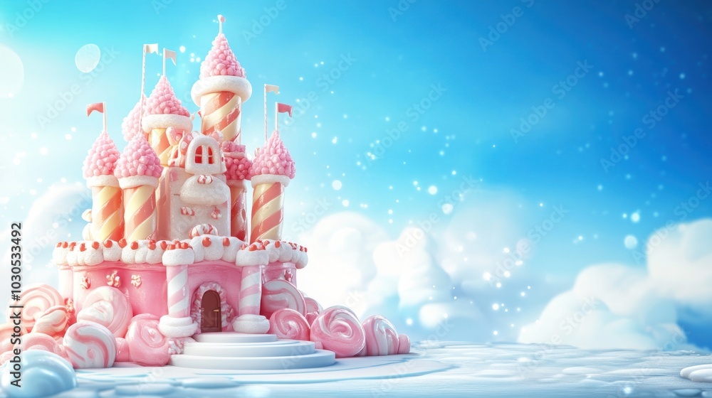 A whimsical candy castle surrounded by fluffy clouds and a bright blue sky. A whimsical candy castle surrounded by fluffy clouds and a bright blue sky.