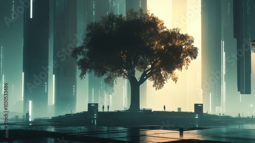 Minimalist futuristic cityscape in soft lighting, featuring eco-conscious urban design, clean forms, and efficient space usage in a 3D rendered urban setting