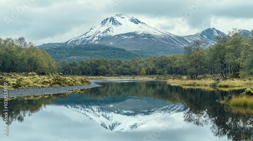 Serene Reflection of Snow-Capped Mountain Landscape