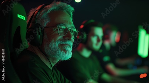 Esports tournament scene with middle-aged players smiling in neon green lighting