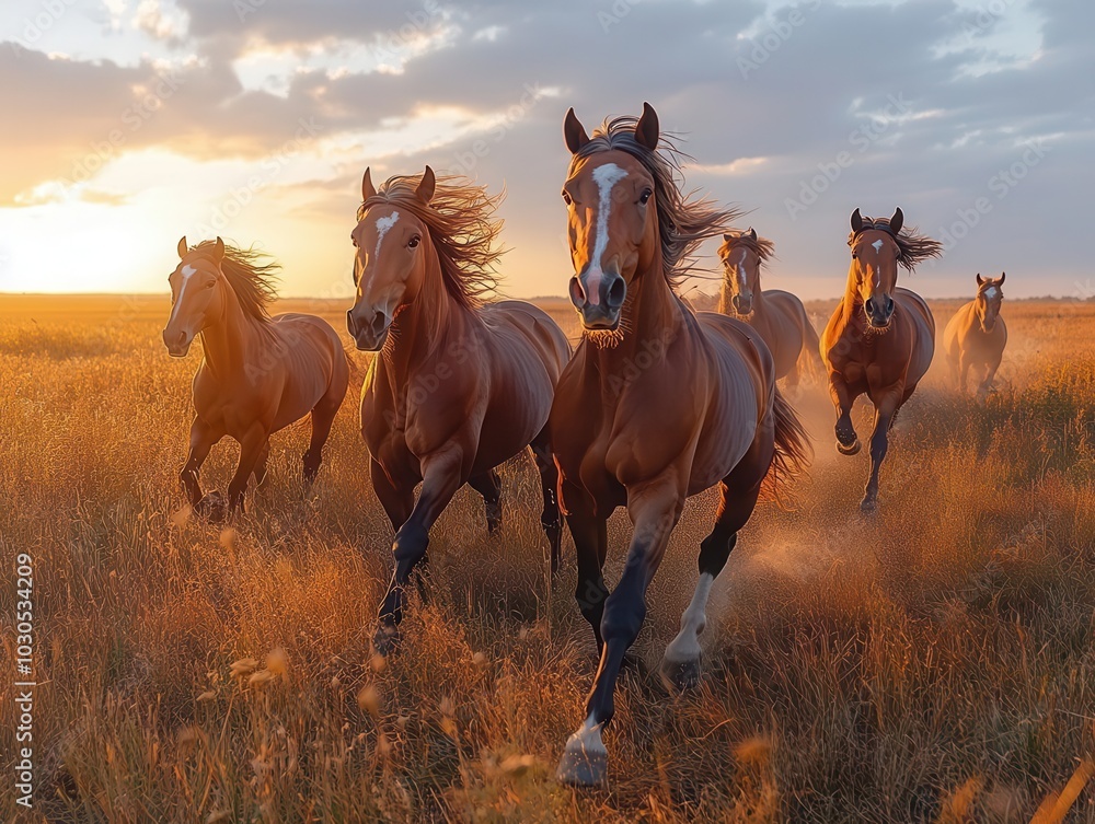 majestic herd of horses galloping across a golden meadow, with their manes flowing in the wind, capturing the essence of freedom and wild spirit under a clear blue sky majestic herd of horses galloping across a golden meadow, with their manes flowing in the wind, capturing the essence of freedom and wild spirit under a clear blue sky
