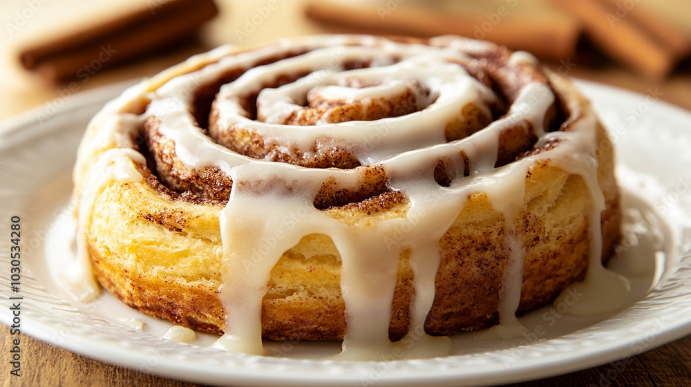 Freshly baked cinnamon roll topped with sweet icing Freshly baked cinnamon roll topped with sweet icing