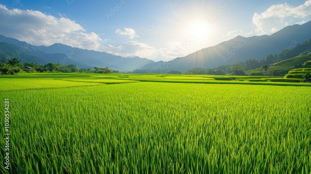 Green rice fields with clear skies and sunshine Green rice fields with clear skies and sunshine