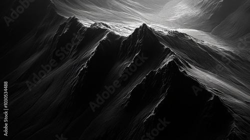 Monochrome landscape shot, featuring sharp contrast and dynamic shadows, emphasizing intricate textures and a timeless visual aesthetic
