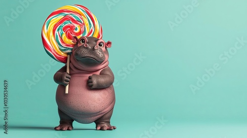 Sarcastic baby hippo holding a giant lollipop, vibrant 3D illustration, candycolored dream world background