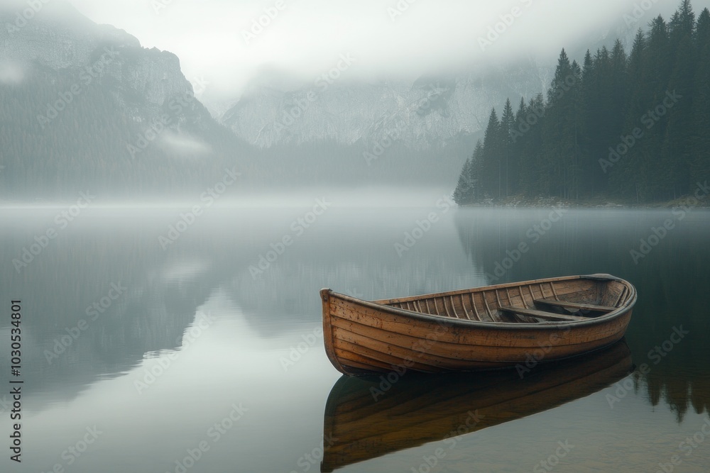 A wooden boat on the surface of Braies Lake, Italy, in foggy weather, with mountains in the background. A wooden boat on the surface of Braies Lake, Italy, in foggy weather, with mountains in the background.