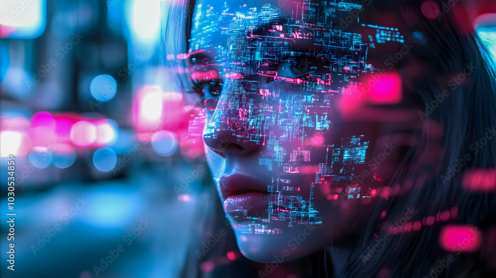 Futuristic Portrait with Digital Data Overlay Futuristic Portrait with Digital Data Overlay