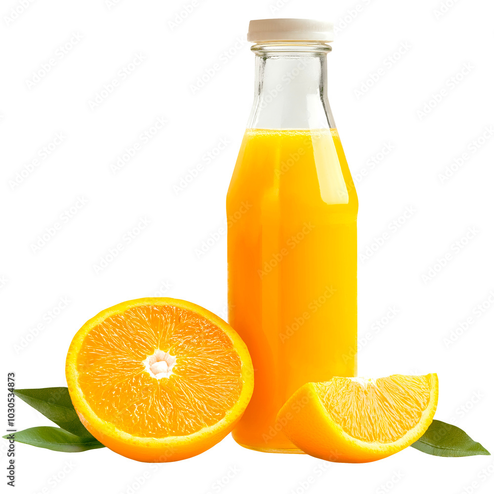 Glass Bottle of Orange Juice with Fresh Orange Slices Isolated on a Transparent Background Glass Bottle of Orange Juice with Fresh Orange Slices Isolated on a Transparent Background