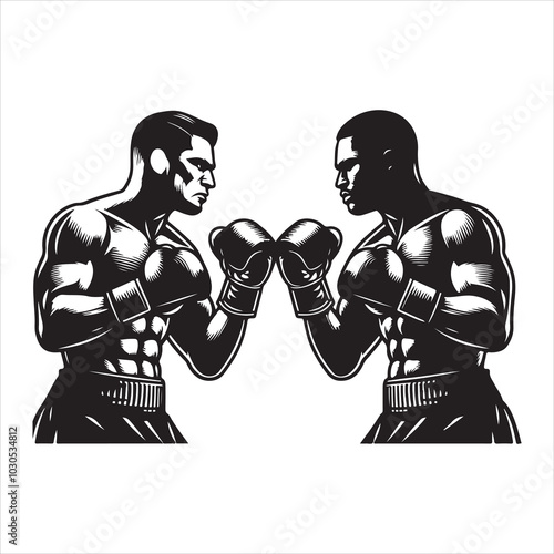 Fight Night Boxers Locked in Fierce Combat Stance , black colour vactor 