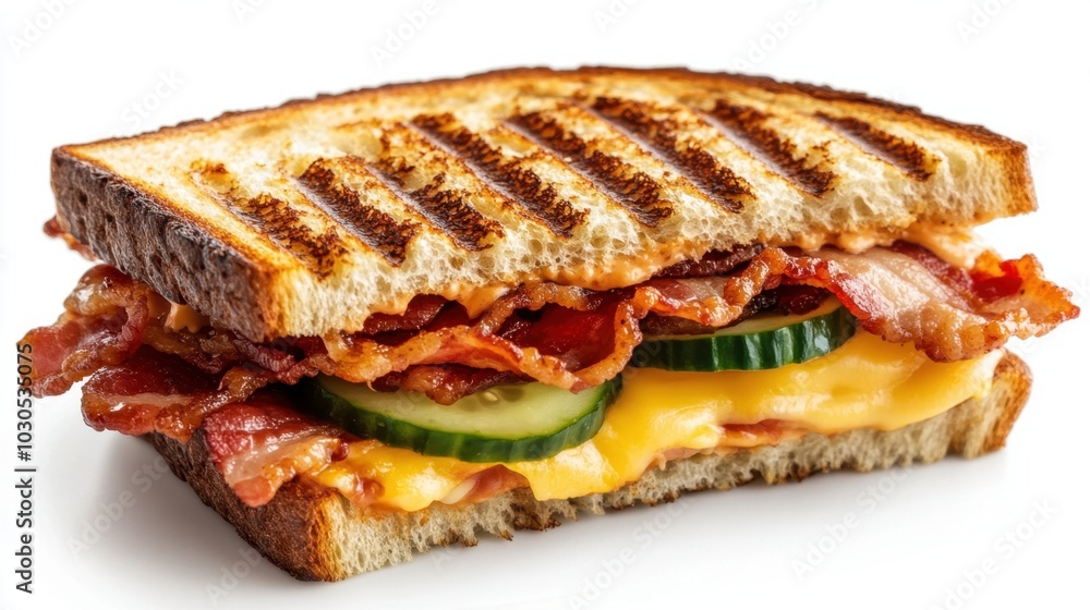 Mouthwatering sandwich with crispy bacon, melted cheese, fresh tomatoes, served with cucumber juice for a perfect lunchtime meal Mouthwatering sandwich with crispy bacon, melted cheese, fresh tomatoes, served with cucumber juice for a perfect lunchtime meal