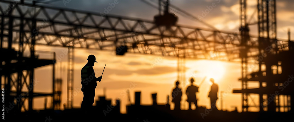 Fototapeta premium Engineer and construction team silhouettes working at site over blurred background