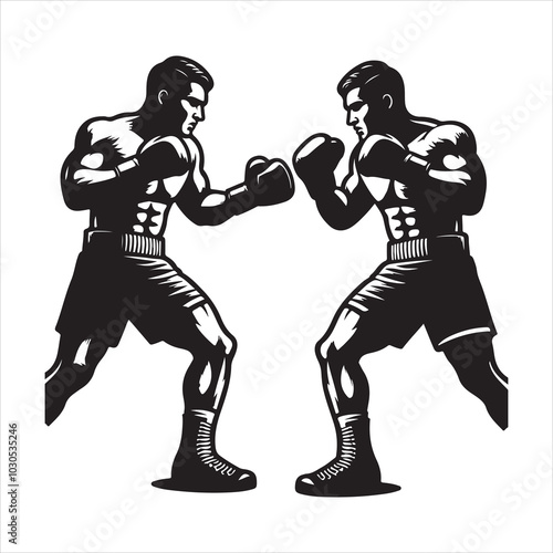 Fight Night Boxers Locked in Fierce Combat Stance , black colour vactor 