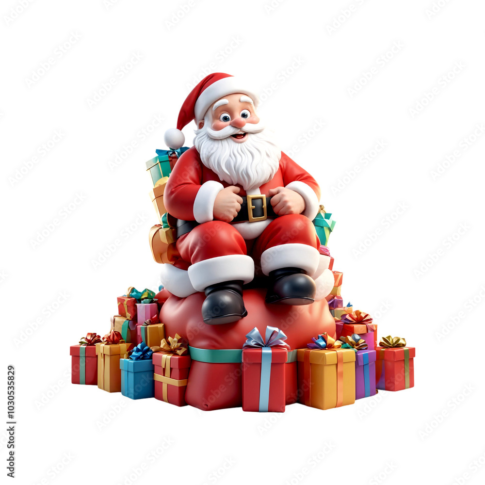 Fototapeta premium Cute Santa Claus 3d character on transparent background isolated. Christmas Santa png. Santa with gifts
