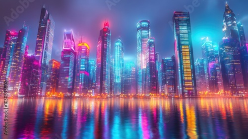 Neon cyberpunk cityscape with glowing buildings and futuristic vibes, capturing the energy of a high-tech world.