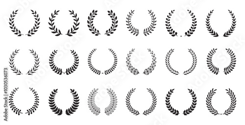 Laurel wreath set. Black wreaths silhouettes, winners olive elements. Decorative branches frames, ornaments, decor for banners, neoteric vector clipart